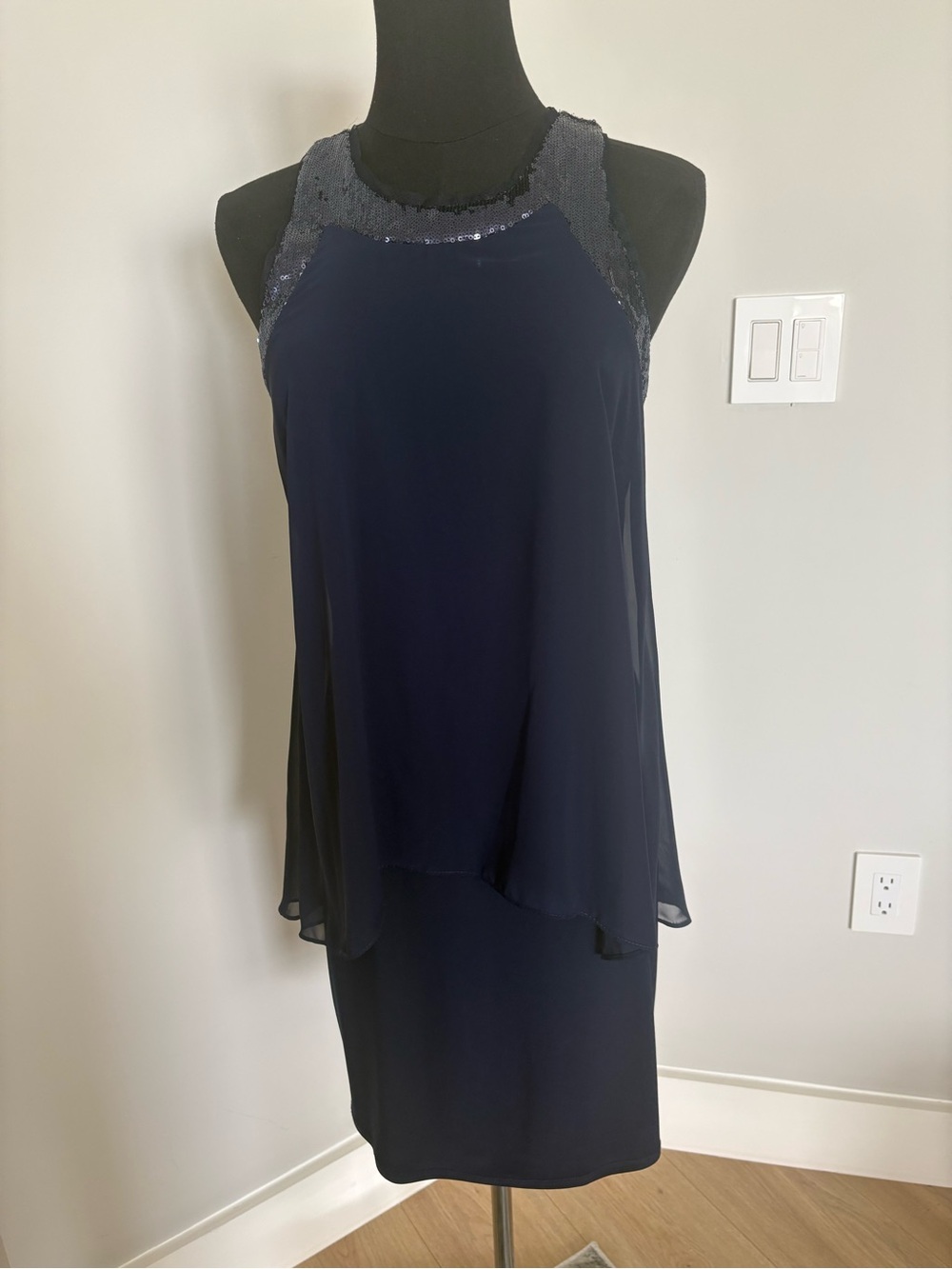 Betsy & Adam Navy Sequin-Trim Layered Midi Dress